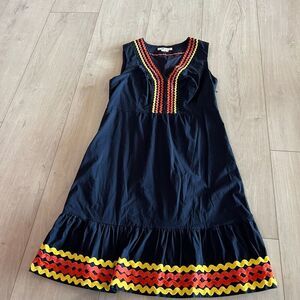 Boden Easy Ric Rack Sleeve-less Dress Navy Yellow Cotton Sundress SZ 8
